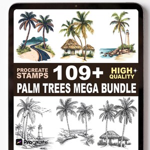 Könnte beinhalten: Ein digitales Kunstpaket, das auf einem Tablet-Bildschirm angezeigt wird und verschiedene Illustrationen von Palmen, einem Leuchtturm und kleinen Hütten zeigt. Der Text lautet "Procreate Stamps 109+ High Quality Palm Trees Mega Bundle."