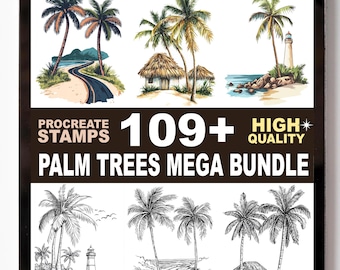May include: A digital art bundle displayed on a tablet screen, featuring various illustrations of palm trees, a lighthouse, and small huts. The text reads "Procreate Stamps 109+ High Quality Palm Trees Mega Bundle."