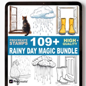 May include: Digital art bundle featuring illustrations of rain, clouds, cats, and rain boots. The text reads "Procreate Stamps 109+ High Quality Rainy Day Magic Bundle". The artwork is displayed on a tablet screen.