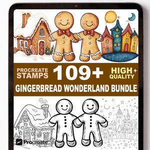 Puede incluir: Paquete de arte digital con hombres de jengibre, casas y el texto "Gingerbread Wonderland Bundle". La imagen incluye ilustraciones coloridas y arte lineal, con las palabras "Procreate Stamps" y "109+ High Quality".