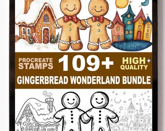 Set de sellos Procreate de más de 109 piezas: Casas de galleta, bastones de caramelo y pinceles de dulces festivos