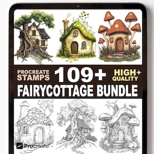 Op de afbeelding: Een digitale kunstbundel weergegeven op een tabletscherm. De afbeelding toont illustraties van feeënhuisjes, met de tekst "Procreate Stamps" en "Fairy Cottage Bundle". De bundel bevat meer dan 109 hoogwaardige digitale stempels.