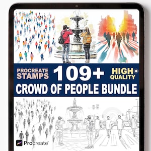 Puede incluir: Imagen de una tableta que muestra un paquete de arte digital. La imagen presenta ilustraciones de multitudes, una fuente y el texto "Procreate Stamps" y "Crowd of People Bundle". El paquete incluye más de 109 sellos de alta calidad.