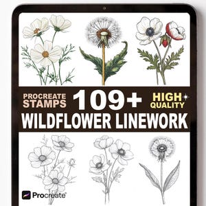 Pode incluir: Arte digital em um tablet com carimbos de linha de flores silvestres para Procreate. A imagem mostra várias ilustrações florais, incluindo margaridas e dentes-de-leão, com o texto "109+ High Quality Wildflower Linework". O logotipo Procreate é visível.