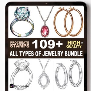 Puede incluir: Paquete de arte digital con diseños de joyería, incluyendo anillos, collares y pendientes de aro. La imagen muestra una variedad de estilos de joyería, con el texto "109+ HIGH QUALITY ALL TYPES OF JEWELRY BUNDLE" y "Procreate Stamps".