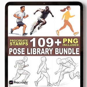 May include: Digital art bundle with running poses. The image shows illustrations of runners in different styles, including cartoon and sketch. Text on the image reads "Procreate Stamps 109+ PNG Included Pose Library Bundle."
