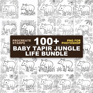 Puede incluir: Una colección digital de más de 100 ilustraciones en blanco y negro con crías de tapir en entornos de selva. La etiqueta rectangular marrón oscuro en el centro muestra el texto: PROCREATE STAMPS 100+ PNG FOR PHOTOSHOP BABY TAPIR JUNGLE LIFE BUNDLE.