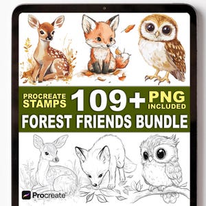 Peut inclure: Un ensemble d'art numérique avec des animaux de la forêt, dont un faon, un renard et un hibou. L'image comprend le texte "Procreate Stamps" et "Forest Friends Bundle" avec "109+ PNG included". Les illustrations sont en couleur et en noir et blanc.