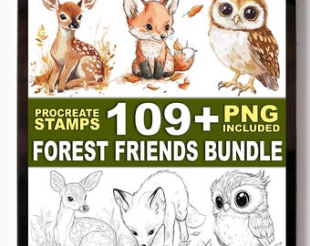 Más de 109 sellos Procreate de animales bebés del bosque: adorables criaturas del bosque y contornos para la guardería.