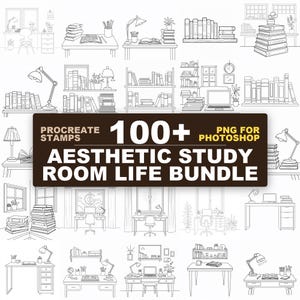 May include: A digital collection of black and white line art illustrations featuring study room scenes with desks, bookshelves, lamps, and stacks of books. The central dark brown banner displays the text: PROCREATE STAMPS 100+ PNG FOR PHOTOSHOP AESTHETIC STUDY ROOM LIFE BUNDLE.