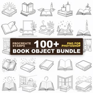 May include: A collection of black and white line art illustrations featuring books, candles, plants, and cozy room settings. The central text reads 100+ PROCREATE STAMPS PNG FOR PHOTOSHOP BOOK OBJECT BUNDLE. These digital stamps depict various reading scenes.