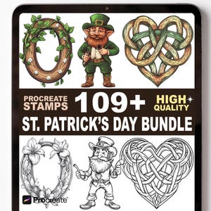 May include: A digital art bundle for Procreate stamps, featuring St. Patrick's Day designs. Includes illustrations of a leprechaun, Celtic knot hearts, and floral frames. The text reads "109+ High Quality St. Patrick's Day Bundle".