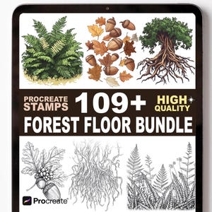 May include: Digital art bundle displayed on a tablet screen. The image features illustrations of ferns, acorns, leaves, and a tree with exposed roots. Text reads "Procreate Stamps 109+ High Quality Forest Floor Bundle."