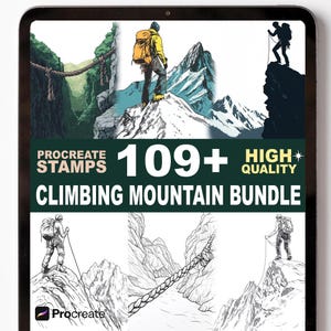 May include: Digital art bundle for Procreate featuring mountain climbing stamps. The image shows a tablet displaying illustrations of mountain climbers, rope bridges, and mountain peaks. Text reads "Procreate Stamps 109+ High Quality Climbing Mountain Bundle."