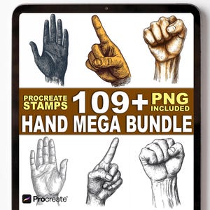 May include: Digital art bundle featuring hand illustrations in various poses. The image includes a variety of hand drawings, some in color and others in black and white. Text on the image reads "Procreate Stamps 109+ PNG Included Hand Mega Bundle."