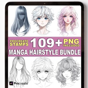 May include: Digital art bundle featuring manga hairstyles. The image shows various anime-style hair designs in color and line art. Text on the image reads "Procreate Stamps 109+ PNG Included Manga Hairstyle Bundle."