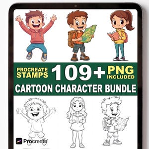 May include: Digital art bundle featuring cartoon characters. The image shows six cartoon children in various poses, some in color and some in black and white. Text on the image reads "Procreate Stamps 109+ PNG Included Cartoon Character Bundle."