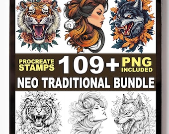 109+ Neo Traditional Tattoo Procreate Stamps – Bold Lines, Flowers & Flash Outlines