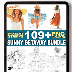 May include: Digital art bundle featuring illustrations of women at the beach. The images include colorful and black and white drawings. Text on the image reads "Procreate Stamps 109+ PNG Included Sunny Getaway Bundle."