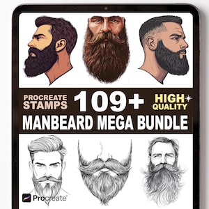 Könnte beinhalten: Digitales Kunstpaket mit Illustrationen verschiedener Bartstile. Das Bild enthält den Text "Procreate Stamps" und "Manbeard Mega Bundle" mit der Zahl "109+" und den Worten "High Quality". Die Illustrationen sind in Braun-, Schwarz- und Weißtönen gehalten.