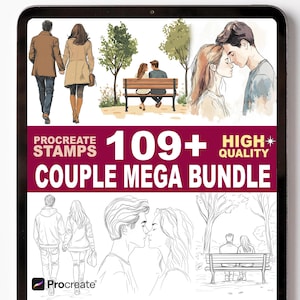 Puede incluir: Paquete de arte digital para Procreate con parejas en varias poses. La imagen muestra ilustraciones de parejas caminando, sentadas en un banco y abrazándose. El texto dice "Procreate Stamps 109+ Couple Mega Bundle" y "High Quality."