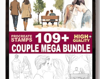 Set de sellos para Procreate con más de 109 poses de pareja: siluetas románticas, poses de interacción y pinceles de estilo de vida.