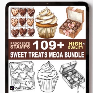 Puede incluir: Paquete de arte digital con ilustraciones de cupcakes, bombones en forma de corazón y una caja de bombones. La imagen incluye el texto "Procreate Stamps" y "Sweet Treats Mega Bundle". El paquete contiene más de 109 imágenes de alta calidad.