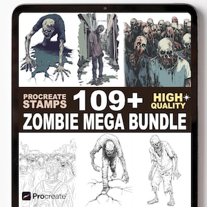 Może przedstawiać: Pakiet sztuki cyfrowej z ilustracjami zombie. Obraz zawiera wiele postaci zombie w różnych pozach i otoczeniu, z tekstem "Procreate Stamps" i "Zombie Mega Bundle". Tekst zawiera również "109+" i "High Quality".