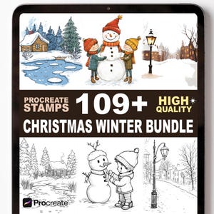 May include: Digital art bundle for Procreate featuring winter and Christmas themes. The image shows a snowman with children, snowy landscapes, and the text "109+ Christmas Winter Bundle" and "High Quality".