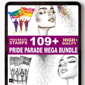 May include: Digital art bundle for Procreate with the text "Procreate Stamps" and "Pride Parade Mega Bundle". The image includes illustrations of people holding rainbow flags and portraits of women.