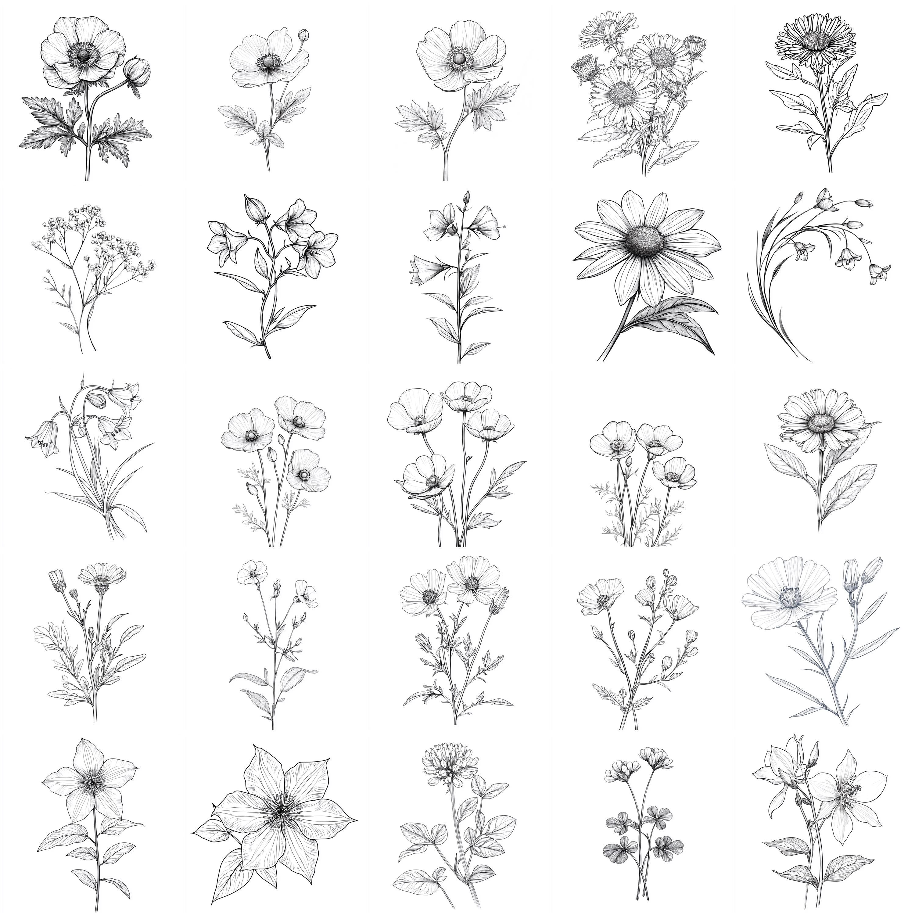 109+ Wildflower Linework Procreate Stamp Set – Floral Outlines, Petals ...