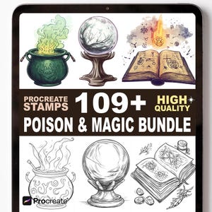 May include: Digital art bundle featuring illustrations of a cauldron with green smoke, a crystal ball, and an open spell book. The text reads "Procreate Stamps 109+ High Quality Poison & Magic Bundle."