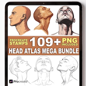 May include: Digital art bundle displayed on a tablet screen. The image features detailed head studies in various angles and styles. Text includes "Procreate Stamps," "109+ PNG Included," and "Head Atlas Mega Bundle."