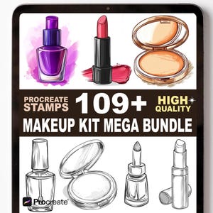 May include: Digital illustration of a makeup kit mega bundle, including nail polish, lipstick, and powder compacts. The image features the text "Procreate Stamps" and "109+ High Quality Makeup Kit Mega Bundle."
