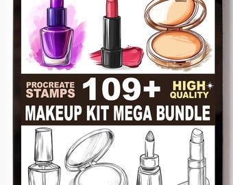 Makeup Kit Elements Drawing Procreate Stamps Set | 109+ Cosmetic Beauty Brushes Lipstick Palette | Procreate Bloom