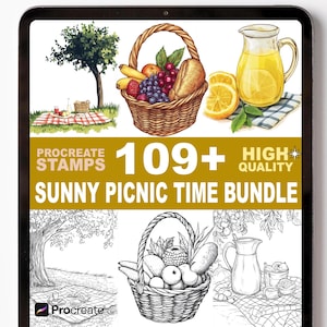 May include: Digital art bundle featuring picnic-themed illustrations. Includes a picnic basket filled with fruit, a pitcher of lemonade, and a picnic scene. The text reads "Procreate Stamps 109+ High Quality Sunny Picnic Time Bundle."