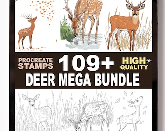 Deer Procreate Stamps Set | 109+ Forest Wildlife Antler Animal Silhouette Brushes | Procreate Bloom