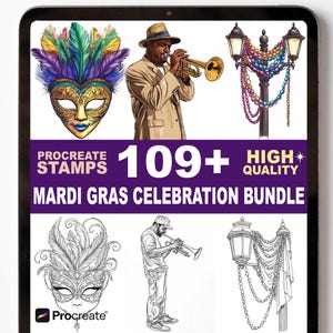 May include: Digital art bundle featuring Mardi Gras celebration elements. Includes a colorful mask with feathers, a musician playing a trumpet, and street lamps with beads. The text reads "Procreate Stamps 109+ High Quality Mardi Gras Celebration Bundle."