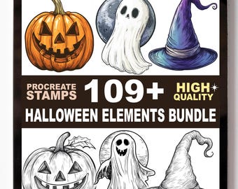 Set de sellos para dibujar elementos de Halloween para Procreate / Más de 109 pinceles de calabaza, murciélago y fantasma espeluznante / Procreate Bloom