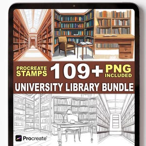 May include: Digital art bundle featuring library scenes. The image shows a tablet displaying illustrations of library interiors, including bookshelves, reading areas, and desks. Text on the image reads "Procreate Stamps" and "University Library Bundle" with "109+ PNG included."