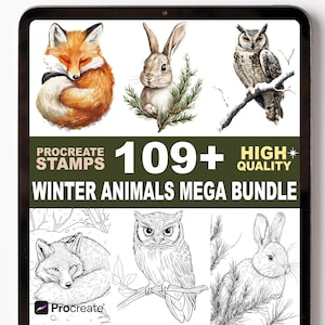 Peut inclure: Une tablette affiche un ensemble d'art numérique d'animaux d'hiver. La rangée supérieure montre un renard, un lapin et un hibou. Le texte indique "Procreate Stamps 109+ High Quality Winter Animals Mega Bundle."