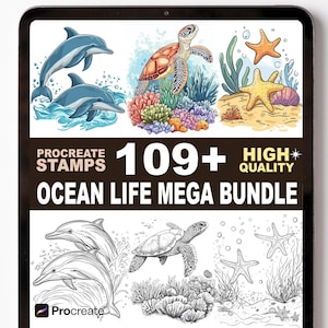 May include: Digital art bundle featuring ocean life illustrations. Includes dolphins, sea turtles, starfish, and coral reefs. The text reads "Procreate Stamps 109+ High Quality Ocean Life Mega Bundle."