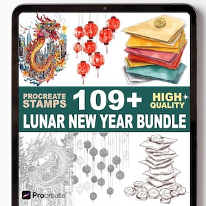 May include: Digital art bundle for Procreate featuring Lunar New Year stamps. Includes a colorful dragon illustration, red lanterns, stacks of envelopes, and coins. Text reads "Procreate Stamps 109+ High Quality Lunar New Year Bundle."