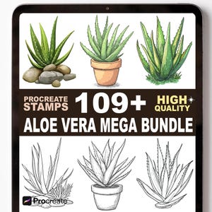 Puede incluir: Paquete de arte digital con plantas de aloe vera en varios estilos. La imagen incluye ilustraciones detalladas de plantas de aloe vera, algunas en macetas, otras con rocas, y dibujos lineales. El texto dice "Procreate Stamps" y "Aloe Vera Mega Bundle".