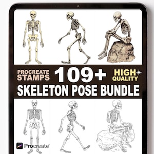 May include: A digital art bundle displayed on a tablet screen, featuring skeleton poses. The image includes the text "Procreate Stamps" and "109+ High Quality Skeleton Pose Bundle". The skeletons are in various positions, some colored and some in black and white.