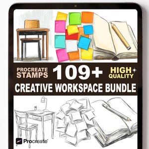 Puede incluir: Paquete de arte digital mostrado en una pantalla de tableta. La imagen presenta bocetos de un escritorio, una silla, libros abiertos, notas adhesivas y un lápiz. El texto incluye "Procreate Stamps", "109+", "High Quality" y "Creative Workspace Bundle."