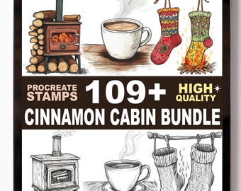 109+ Cinnamon Cabin Procreate Stamp Set Cozy Woodland Decor Warm Winter Icons and Rustic Brushes