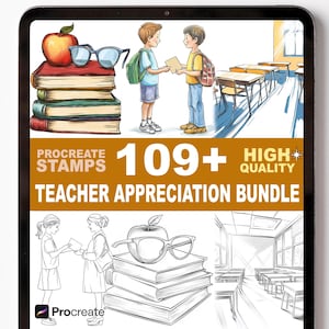 May include: Digital illustration of a Teacher Appreciation Bundle. The image features a stack of books with an apple and glasses on top. The text reads "Procreate Stamps 109+ High Quality Teacher Appreciation Bundle."