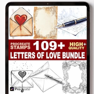 May include: Digital art bundle featuring illustrations of envelopes, hearts, and pens. The text reads "Procreate Stamps 109+ High Quality Letters of Love Bundle". The images are in watercolor and line art styles.