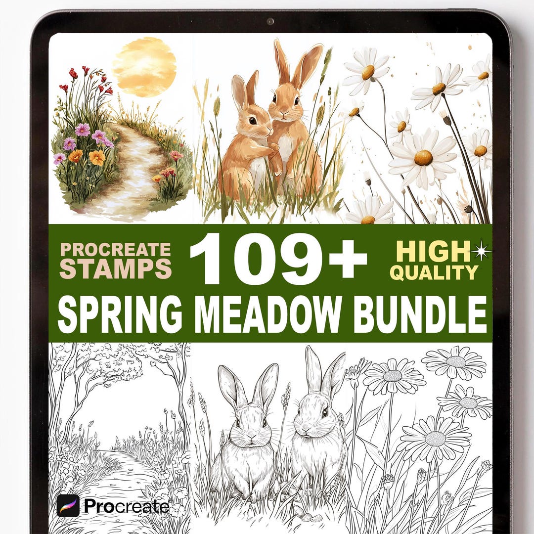 109+ Spring Meadow Walk Procreate Stamps Wildflowers Grass Path Brushes ...